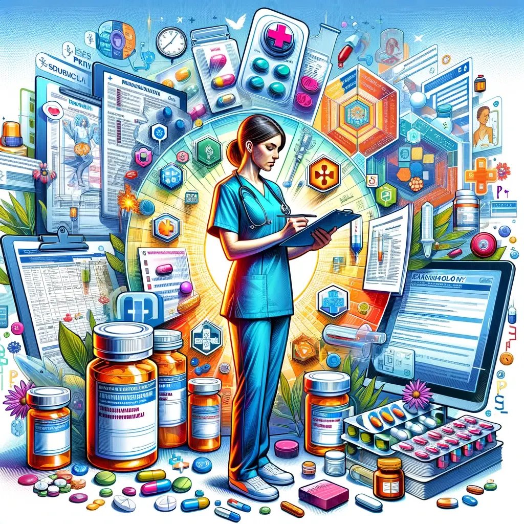 DALL·E 2024-06-04 16.32.37 - A vibrant and dynamic illustration depicting the essential aspects of nursing pharmacology. The image features a nurse holding a clipboard with drug c