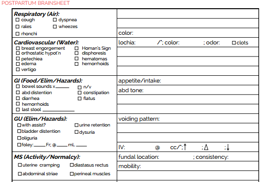 nursing brain sheet examples postpartum report