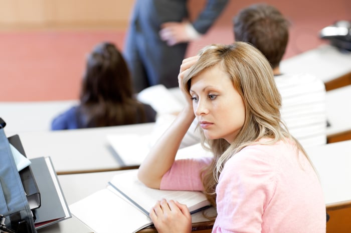 Portrait of a bored female student during a university lesson in an auditorium